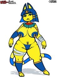 1girl 1girls animal_crossing animal_crossing_new_horizons ankha ankha_(animal_crossing) anthro ava02 bbw big_breasts blue_hair boobs boobs_out cat_girl catgirl egyptian furry nintendo panties piercings solo solo_female thick thick_thighs tits tits_out wraps yellow_body yiff