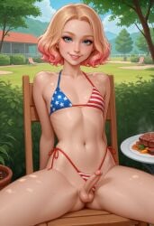 ai_generated american_flag_bikini bikini bikini_bottom_aside blindparty blindparty_oc_blossom blonde_hair blue_eyes femboy gradient_hair nudity original_character outdoor_nudity outdoors penis pink_hair solo testicles