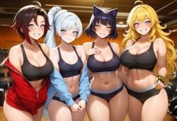 ai_generated big_breasts blake_belladonna female female_only medium_breasts ruby_rose rwby small_breasts sports_bra sportswear sweating weiss_schnee yang_xiao_long
