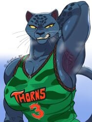 angry_face anthro armpit_hair armpits artist_signature biceps big_breasts goat_(movie) jaguar jett_fillmore looking_at_self muscular_female sony_pictures_animation sweat tawman_art
