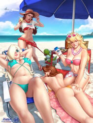 4girls applying_sunscreen artist_name ass beach beach_towel beach_umbrella big_breasts bikini biting_own_lip blonde_hair blue_bikini breasts brown_hair character_print cleavage clothed clothed_female cloud commentary cooler day english_commentary eyewear_on_head female female_focus flower_necklace fuck_ai hair_over_one_eye hand_on_another's_ass hat highres holding_sunscreen human large_breasts light-skinned_female light_skin lotion lotion_bottle luma_(mario) mario_(series) microskirt multiple_girls navel necklace nintendo ocean orange_bikini outdoors pauline pauline_(mario) pauline_(nintendo) pink_bikini princess_daisy princess_peach princess_rosalina red_bikini rosalina skirt straw_hat suddakka summer sunglasses sunglasses_on_head sunscreen swimsuit towel umbrella untied_bikini_top yoshi yuri