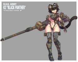 1girls animal_ears armored_boots armored_gloves artist_request ass_visible_through_thighs black_hair boots breasts camouflage cannon cleavage_cutout clenched_hand clothing_cutout english_text green_eyes hair_between_eyes headgear highleg highleg_leotard highres large_breasts leotard mecha_musume military military_vehicle motor_vehicle navel navel_cutout open_mouth original panther_ears panther_tail personification revealing_clothes short_hair skin_tight smokestack solo stomach tail tank teeth thigh_gap thighhighs underboob upper_teeth_only