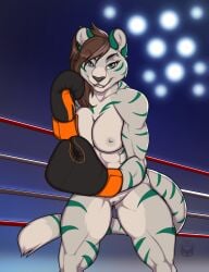 abs anthro areola biceps boxing_gloves breasts clothing digital_media_(artwork) ear_piercing ear_ring eyebrow_piercing facial_piercing felid female fighting_ring fur genitals gloves gloves_only hair handwear handwear_only inktiger looking_at_viewermammal mammal mostly_nude muscular muscular_anthro muscular_female nipples nude pantherine piercing ring_piercing smile solo stripes tail tiger vulva