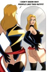 2d 2d_(artwork) ass_focus biting_lip biting_own_lip carol_danvers curvy_female curvy_figure female looking_back marvel marvel_comics mirror mirror_reflection ms._marvel ms._marvel_(carol_danvers) sexy_outfit subtitles the_avengers:_earth's_mightiest_heroes thick_thighs tight_leotard webart20