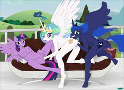 2018 alicorn anthro anthrofied ass blue_feathers blue_fur breasts cosmic_hair crown dildo equine fab3716 feathers female fisting friendship_is_magic fur grin group group_sex hooves horn horse levitation looking_at_viewer lying magic mammal my_little_pony nude on_back open_mouth outside penetration pony princess_celestia_(mlp) princess_luna_(mlp) princess_twilight_sparkle_(mlp) purple_feathers purple_fur pussy pussy_juice sex sex_toy smile sofa spread_legs spreading threesome twilight_sparkle_(mlp) vaginal_fisting vaginal_penetration white_feathers white_fur wings yuri