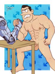 angry_face arm_wrestling banana_desu brown_hair lance_loud long_nose mechanical_arm muscular muscular_male naked_male sweat table the_loud_house