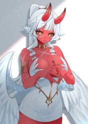 1girl akumi angel_wings bangs bare_shoulders breasts choker cleavage cowboy_shot eyebrows_visible_through_hair feathered_wings fingernails horns jewelry large_breasts long_fingernails long_hair looking_at_viewer nail_polish navel ponytail red_skin solo thighhighs vyugen white_hair white_wings wings yellow_eyes
