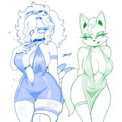 2girls big_breasts cleavage dress fan_character goggles goggles_on_head huge_breasts jeanart large_breasts mobian_(species) oc sonic_(series) sonic_oc sonic_the_hedgehog_(series) tagme thick_thighs wide_hips