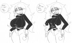 1girl 1girls belt big_breasts blush breast_squeeze breasts cigarette clothed custardcee dialogue dialogue_bubble eyeshadow female grope hair jeans lactation lidded_eyes long_hair mistercakerz monochrome nipples_visible_through_clothing solo_female sweater turtleneck