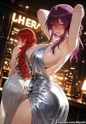 2girls ai_assisted ai_generated armpits arms_behind_head arms_up ass back backless_dress backless_outfit bangs bare_shoulders blush breasts cleavage curvaceous curvy curvy_female curvy_figure dress earrings evening_gown female grey_dress hair_between_eyes hair_ornament himeko_(honkai:_star_rail) honkai_(series) jewelry kafka_(honkai:_star_rail) large_breasts long_hair looking_at_viewer looking_back miyuai multiple_girls necklace night pink_eyes purple_eyes red_hair revealing_clothes see-through smile st._louis_(azur_lane) thick thick_ass thick_butt thick_hips thick_legs thick_thighs thighs voluptuous voluptuous_female white_dress wide_hips wide_thighs