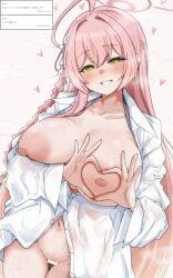1girls ahoge bar_censor blue_archive bottomless braid breasts censored collarbone curvy female halo hanako_(blue_archive) hanako_(swimsuit)_(blue_archive) heart heart_hands highres huge_breasts large_areolae long_hair long_sleeves looking_at_viewer machismo_fuji naked_shirt navel nipples official_alternate_costume open_clothes open_shirt parted_lips pink_hair pink_halo request_inset shirt side_braid solo thick_thighs thighs translated very_long_hair white_shirt wide_sleeves
