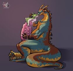 anthro anthro_on_feral avali bestiality big_penis bodily_fluids cock_vore cum dinosaur dragon feral french_kissing genital_fluids genitals hi_res huge_penis kiss_on_lips kissing kissing_while_penetrated mythological_creature mythological_scalie mythology penile penis precum prehistoric_species reptile rhaaka_avali scalie shaded shaded_line_art size_difference sjey_arts tongue urethral_insertion vore