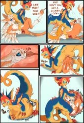 abdominal_bulge absurd_res anal anal_vore andromorph anthro anus avali comic dialogue draggy_(draggysmut) dragon duo feral hi_res internal intersex koiju male male/male mythological_creature mythological_scalie mythology same_size_vore scalie simple_background vore