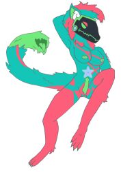 anthro genitals green_nipples green_penis herm hi_res intersex machine markings nipples penis pose protogen randyprotogen solo star_(marking) tail tail_mouth unusual_anatomy unusual_tail