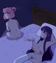 2girls after_sex ampbatross ass barrette bed boobs breasts dialogue_bubble doki_doki_literature_club female female_only hair_tie hair_ties multiple_girls naked natsuki_(doki_doki_literature_club) nude pigtails pink_hair purple_hair smoking socks socks_only speech_bubble stockings thigh_highs thigh_highs_only white_stockings yuri yuri_(doki_doki_literature_club)