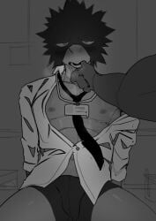 alternate_version_available anonymous_male bird finger_in_mouth fumikage_tokoyami looking_at_viewer male_only monochrome muscular_male my_hero_academia rabbitdx26 steam tagme tie tokoyami_fumikage unbuttoned_shirt underwear undressed