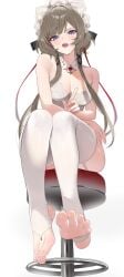 1girls absurd_res bare_shoulders blue_eyes bra breasts feet female female_only foot_fetish foot_focus from_below genshin_impact gray_hair highres hoyoverse looking_at_viewer maid_headdress medium_breasts on_stool sandrone_(genshin_impact) simple_background sitting soles solo stirrup_legwear sweating thighhighs toeless_legwear toenails toes underwear underwear_only vitaminechan white_background white_bra white_thighhighs