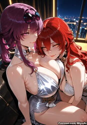 2girls ai_assisted ai_generated backless_dress bangs bare_shoulders bikini blush bracelet breasts choker cleavage curvaceous curvy curvy_female curvy_figure dress earrings eyebrows_visible_through_hair eyewear_on_head female hair_between_eyes halter_dress himeko_(honkai:_star_rail) honkai_(series) jewelry kafka_(honkai:_star_rail) large_breasts long_hair looking_at_viewer miyuai multiple_girls necklace o-ring pool poolside purple_hair red_eyes red_hair side_ponytail sidelocks sitting smile sunglasses swimsuit thick thick_ass thick_butt thick_hips thick_legs thick_thighs voluptuous voluptuous_female wide_hips wide_thighs yuri