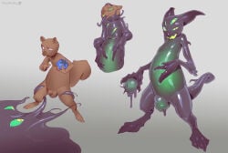 4_eyes ambiguous_gender animal_genitalia anthro assimilation balls belly blue_eyes dripping_bulge duo ears_back food fruit genitals glistening glistening_arms glistening_belly glistening_bulge glistening_eyes glistening_face glistening_goo glistening_hands glistening_snout glistening_tongue goo_creature goo_drip goo_transformation green_eyes green_mouth hi_res holding_belly holding_food holding_fruit holding_object hypnotic_eyes latex latex_creature latex_tongue latex_transformation liquid_latex long_tongue looking_at_viewer looking_down looking_down_at_another looking_up_at_another male male/ambiguous multi_eye penis pivoted_ears plant plumlucky sheath simple_background skindentation smile smiling_at_viewer species_request tail tongue transformation