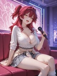 1girls ai_generated bewitching_thighs cleavage female_villain gundam_00 gyaru gyaru_gal karaoke karaoke_room large_breasts mobile_suit_gundam nena_trinity pale-skinned_female red-haired_female solo villainess yellow-eyed_female
