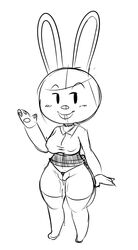 animal_crossing black_and_white blouse blush breasts carmen_(animal_crossing) clothed clothing dripping female full-length_portrait g-string grin hair half-closed_eyes itsthedoodleden lagomorph legwear long_ears mammal monochrome nintendo plump_labia portrait pussy pussy_floss pussy_juice rabbit raised_skirt shortstack simple_background sketch skirt smile solo standing stockings underwear video_games white_background