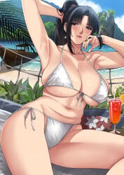 1girls armpits beach bikini black_hair blush green_eyes highres large_breasts lipstick looking_at_viewer mature_female milf nail_polish nush_(xter) original ponytail sitting sunlight thick_thighs thighs voluptuous_female white_skin xter xtermination