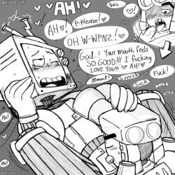 2boys begging begging_for_more black_and_white blushing dialogue drool drooling fan_art gay gay_male gay_sex glitch_productions gunshow_(smg4_ship) heavy_breathing kunaigirl licking licking_penis moan moaning mouth_open mouth_shot mr._puzzles mr._wpnz non-human non-human_penis object_head oral oral_sex panting praise robot robot_sex robots smg4 sucking sucking_penis sweat sweatdrop sweating tv_head
