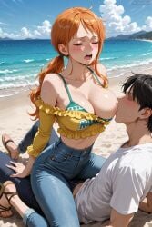 1boy 1girl ai_generated bare_shoulders beach bikini blue_pants blue_sky blush breasts brown_eyes bulge cleavage cloud collarbone crop_top day denim feet girl_on_top grabbing grabbing_another's_breast guided_breast_grab guiding_hand hand_on_another's_chest hetero jeans large_breasts long_hair long_sleeves low_twintails midriff nami_(one_piece) navel nipple_slip nipples ocean off-shoulder_shirt off_shoulder on_back one_breast_out one_eye_closed open_mouth orange_hair outdoors pants pov sand sandals shirt shoulder_tattoo sitting sitting_on_person sky solo_focus straddling sweat swimsuit tattoo toes twintails underwear water yellow_shirt
