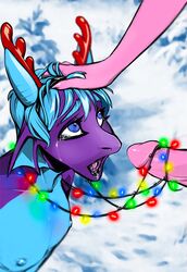 2018 anthro bondage christmas christmas_lights demino_(deminothedragon) dragon duo erection eyeshadow fake_antlers girly hair hand_on_head holidays horn kimart_i lipstick looking_up makeup male nipples nude open_mouth oral penis scalie sex tears tongue yaoi