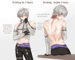 1boy ahoge belly_button blue_eyes blush clothed detached_sleeves dialogue drunk ear_piercing earrings english english_text freckles freckles_on_back freckles_on_body freckles_on_shoulders genshin_impact gloves grey_hair harness illuga_(genshin_impact) male male_focus male_only mole mole_under_eye multicolored_eyes multicolored_hair navel pants piercing red_eyes red_hair scar scarred scars solo solo_focus solo_male stripping stripping_game sweater text watermark