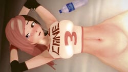 1girls gym_clothes gym_uniform half-dressed half_naked half_naked_female heterochromia logang45 multicolored_hair neo_(rwby) rwby solo_female water_bottle