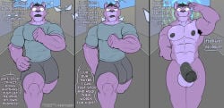 5_fingers anthro armpit_hair balls bodily_fluids body_hair clothed clothing comic dialogue drone drooling erection felid fingers fur genitals gesture hi_res hypnosis identity_death kento267 machine male mammal mind_control muscular muscular_anthro muscular_male nipples pantherine penis propaganda purple_body ritsukaxan_(character) robot running saliva salute sky smile speech_bubble street text