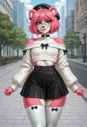 ai_generated anthro barrette black_skirt blindparty femboy furry glasses multicolored_fur off_shoulder panda panda_boy panda_ears pink_fur pink_hair red_eyes skirt sweater white_fur white_stockings white_sweater