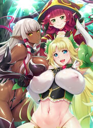 3girls abs aoi_nagisa_(metalder) arm_up asymmetrical_docking bangs bare_shoulders beautiful_females black_gloves blonde_hair blue_eyes blunt_bangs blush breast_press breasts closed_mouth clothing covered_nipples dark-skinned_female dark_elf dark_skin day elbow_gloves elf evelyn_celebrian eyebrows_visible_through_hair female_only gloves groin hair_ribbon head_tilt highres hime_cut holding_hands hood huge_breasts knoll knoll_(youkoso!) large_breasts long_hair long_pointy_ears looking_at_viewer lucie_menelumia multiple_girls navel official_art outdoors parted_lips pink_hair pointy_ears red_ribbon ribbon see-through smile sunlight tree tress_ribbon very_long_hair white_hair yellow_eyes youkoso!_sukebe_elf_no_mori_e