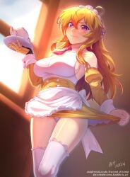 blonde_female blonde_hair hocen long_hair long_hair_female maid maid_apron maid_headdress maid_outfit purple_eyes robotic_arm rwby yang_xiao_long