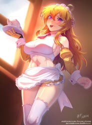 1girls blonde_female blonde_hair hocen long_hair long_hair_female maid maid_apron maid_headdress maid_outfit maid_uniform purple_eyes robotic_arm rwby solo_female yang_xiao_long