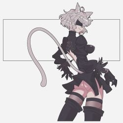 1girls ass black_clothing blindfold cat_ears cat_tail catgirl gray_hair hunter_x_hunter looking_at_viewer michael_jadeite neferpitou nier:_automata presenting_ass shiny_hair sideboob silver_hair skirt smile stockings tail thighs upskirt yorha_2b_(cosplay)