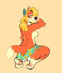 2021 animal_crossing anthro audie_(animal_crossing) blonde_hair bodily_fluids breasts butt cheek_tuft clothing facial_tuft female fluffy food_print fruit_print fur genital_fluids genitals glistening glistening_breasts hair hi_res kneeling looking_back nintendo nipples nude pawpads paws peachy_bat pineapple_print plant_print presenting presenting_hindquarters raised_hand side_boob simple_background solo sweat sweat_on_ass sweatdrop tail tail_fluff tuft vaginal_fluids vulva yellow_background