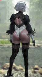 1girl 2b_(nier:automata) absurdres android_girl ass ass_focus back_view big_ass black_gloves black_thighhighs blurry blurry_background boots detailed_background female female_focus female_only from_behind gloves hair_ornament heels highres hips hips_wider_than_shoulders huge_ass leotard long_sleeves looking_away nier nier:_automata nier:automata nier_(series) oroborus outdoors outside puffy_long_sleeves puffy_sleeves robot_girl ruined_city short_hair sleeves solo standing sweat thick thick_ass thick_thighs thighhighs thighs white_hair white_leotard yorha_2b