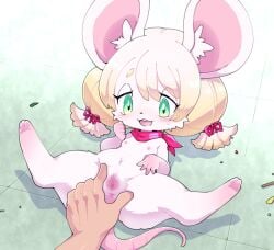 2025 5_fingers anthro anus bangs belly_tuft big_ears blonde_hair blush blush_lines bodily_fluids breasts censored colored digital_drawing_(artwork) digital_media_(artwork) duo eyebrows eyelashes facial_tuft female fingers fur genitals green_eyes hair human human_on_anthro imminent_sex inner_ear_fluff interspecies kerchief kerchief_only larger_human larger_male looking_down lying male mammal mosaic_censorship mostly_nude mouse murid murine navel_tuft neckerchief neckerchief_only neckwear nollety nude nude_anthro nude_female offscreen_male on_back on_ground open_mouth pink_body pink_fur pose rodent segmented_tail shaded shadow size_difference small_breasts smaller_anthro smaller_female spread_vulva spreading sweat sweaty_face tuft twintails_(hairstyle) vulva white_body white_fur