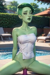 1girls ai_generated arms_behind_back artist_name asymmetrical_hair bare_shoulders blurry blurry_background bottomless breasts closed_eyes collarbone colored_skin covered_navel d'vana_tendi day dildo dildo_in_pussy dildo_insertion dildo_riding female female_masturbation green_hair green_skin hi_res lips makeup masturbation medium_breasts naked_towel object_insertion outdoors parted_lips pool pussy pussy_juice r34arts sex_toy short_hair sitting solo spread_legs star_trek star_trek_lower_decks teeth towel twitter_logo uncensored vaginal vaginal_insertion vaginal_masturbation vaginal_object_insertion very_short_hair water