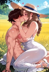 1boy 1girl 1girls abs ai_generated balecxi bare_shoulders blue_sky blurry_background blush braid breast_press breasts breasts_out brown_hair cheating_(relationship) clothed_female_nude_male clothing cloud cowgirl_position curvaceous curvaceous_female curvaceous_figure curvy curvy_figure day depth_of_field dress dress_pull drill_hair faceless faceless_male female female_focus field footwear french_kiss from_side girl_on_top grass hat headwear hetero huge_breasts implied_sex kiss kissing large_breasts lips long_hair looking_at_another male mature_female milf muscular muscular_male nipples nude oosuki_mamako outdoors purple_eyes ribbon sandals sex shoes short_hair sitting sky straddling straw_hat sun_hat sundress sweat thighs topless_male tsuujou_kougeki_ga_zentai_kougeki_de_ni-kai_kougeki_no_okaasan_wa_suki_desu_ka? uncensored upright_straddle voluptuous voluptuous_female wariza white_dress white_footwear