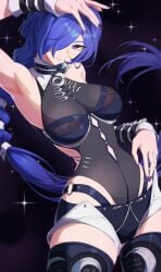 1girls armpits bare_shoulders beauty_mark blue_eyes blue_hair breasts colored_nails female female_only hair_over_one_eye large_breasts long_hair long_nails looking_at_viewer low_ponytail painted_nails ponytail promeia_(zenless_zone_zero) purple_nails thick_thighs voluptuous voluptuous_female wide_hips zenless_zone_zero