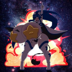 :d areola_slip blue_hair blush breast_expansion bursting_breasts cape explosion galaxy gigantic_breasts horns huge_breasts hyper_breasts index_finger_raised long_hair ponytail pose posing red_eyes slit_pupils star_pasties takano_(artist) tengen_toppa_gurren_lagann thick_thighs thighhighs upper_teeth wide_hips yoko_littner_(cosplay)