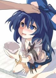 1boy 1girl bangle blue_bow blue_eyes blue_hair blue_skirt blush bow bowl bracelet breasts commentary_request grey_hoodie hair_between_eyes hair_bow headpat holding holding_bowl hood hoodie jewelry long_hair medium_breasts open_mouth penis_shadow short_sleeves sitting skirt smile solo_focus stuffed_animal stuffed_cat stuffed_toy sweatdrop tororo_(toriaezu) touhou very_long_hair wariza yorigami_shion