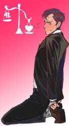 artist_request better_call_saul blushing fully_clothed kneeling looking_at_viewer old_male simple_background solo_male suit sweatdrop tied tied_hands what