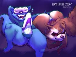 anthro badger bazooka_badger big_bulge big_butt blue_body brown_body bulge butt clothing duo guardians_of_the_galaxy hi_res lgbt_pride lgbt_pride_month looking_at_viewer lunoversia male mammal marvel mustelid musteline presenting pride_color_flag pride_colors procyonid raccoon riot_games rocket_raccoon shaded shortstack tencent thong touching_butt underwear valorant