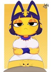 absurd_res animal_crossing ankha_(animal_crossing) anthro big_breasts black_eyes blue_hair border breasts charlysf_uwu clothed clothing crossed_arms domestic_cat dress eyelashes felid feline felis female front_view fur genitals hair hi_res looking_at_viewer mammal meme nintendo no_underwear pussy-cat_(meme) short_hair simple_background solo thick_thighs uraeus vulva white_border white_clothing white_dress wide_hips yellow_background yellow_body yellow_fur