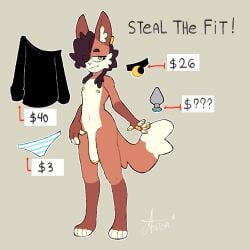 anthro big_penis brown_hair buttplug canid canine choker clothing femboy flaccid fluffy_ears fox genitals hair hi_res jewelry male mammal necklace nipples panties penis penis_tip piercing plug_(sex_toy) sex_toy smug smug_face solo starlit_aster underwear