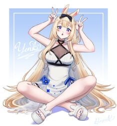 1girl animal_ears aqua_nails bangs black_nails blonde_hair blue_eyes blue_nails breasts choker cleavage criss-cross_halter double_v dress fingernails hair_bow long_hair looking_at_viewer multicolored_nails nail_polish orange_nails pink_nails purple_nails red_nails ribbon sandals sitting solo striped toenail_polish toenails very_long_hair vyugen yellow_nails yenko